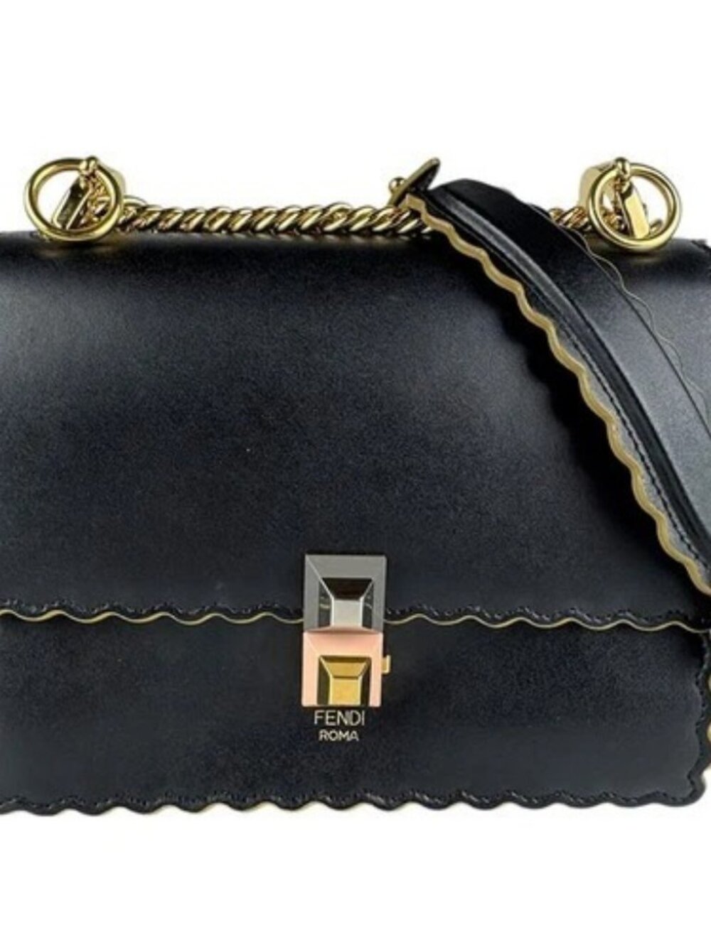 Auth FENDI Can I Mini Chain Shoulder Bag Black/Gold Leather/Metal - z7362